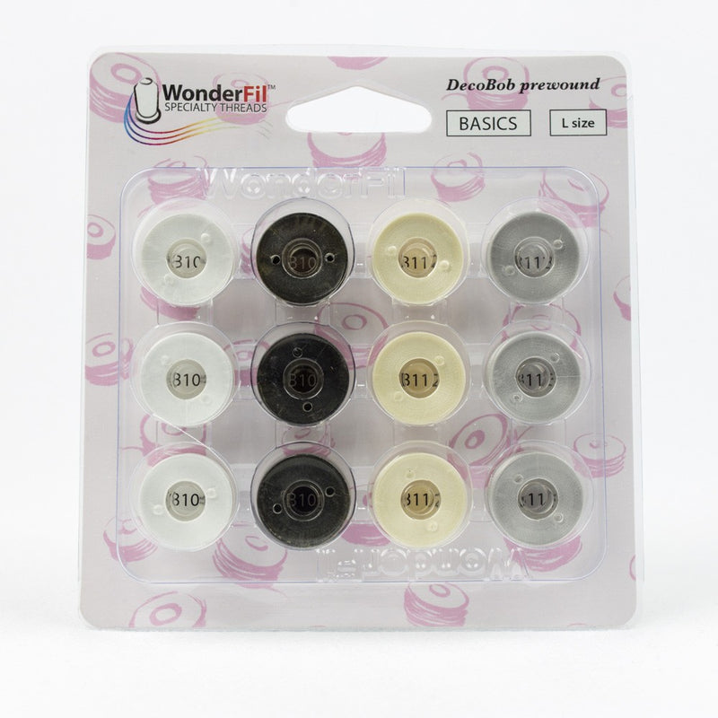 DecoBob Prewound Bobbins Size L 12ct Black White Cream Grey