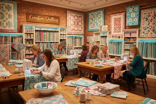 Creative Quilting studio scene with ladies sewing